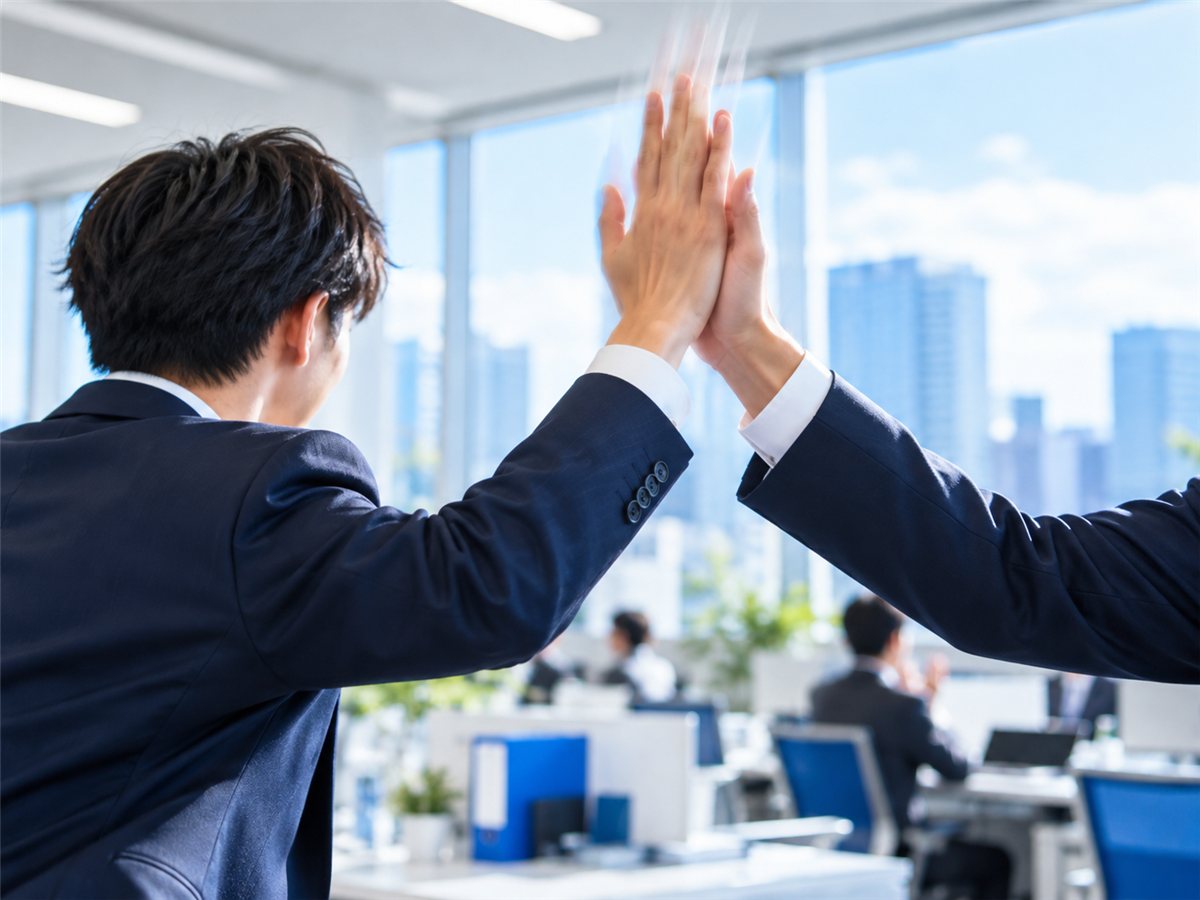 先輩とハイタッチする新人営業の手元
