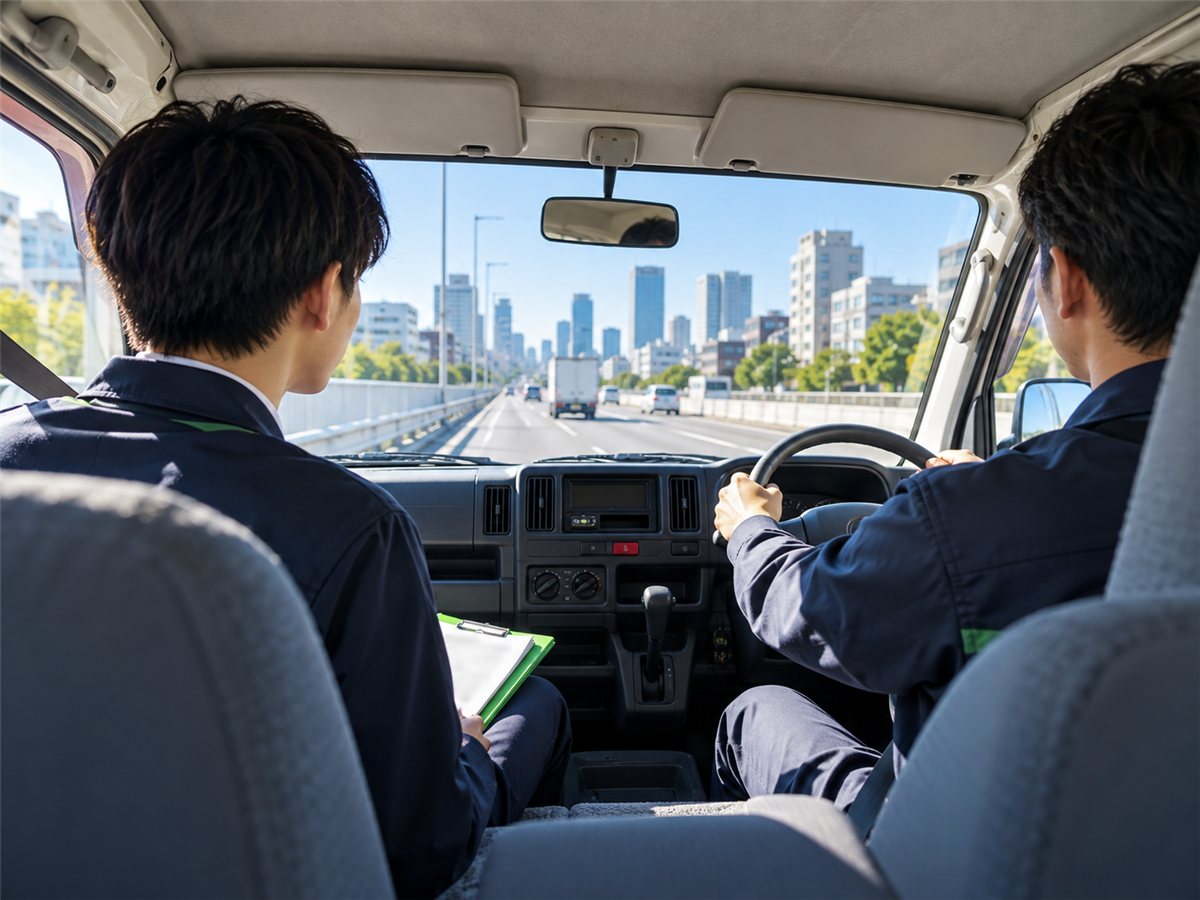 トラックの助手席から先輩の運転を見る新人